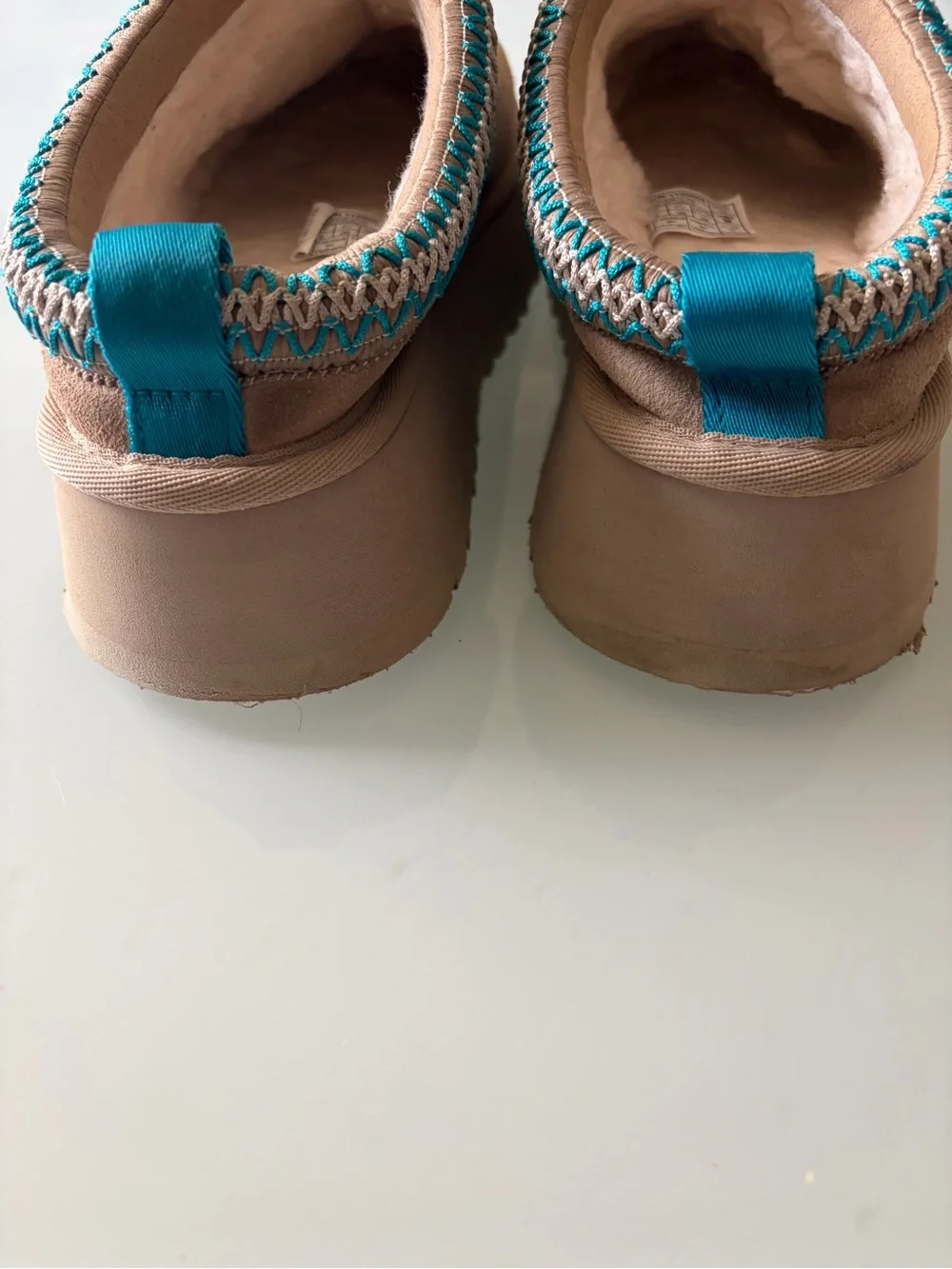 UGG Tan Mule with Turquoise and Cream Stitching Sz 5